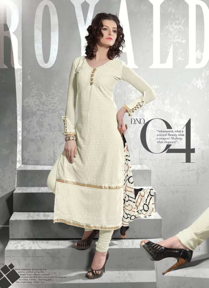 V&V Buy White Schiffli Work Dress Material