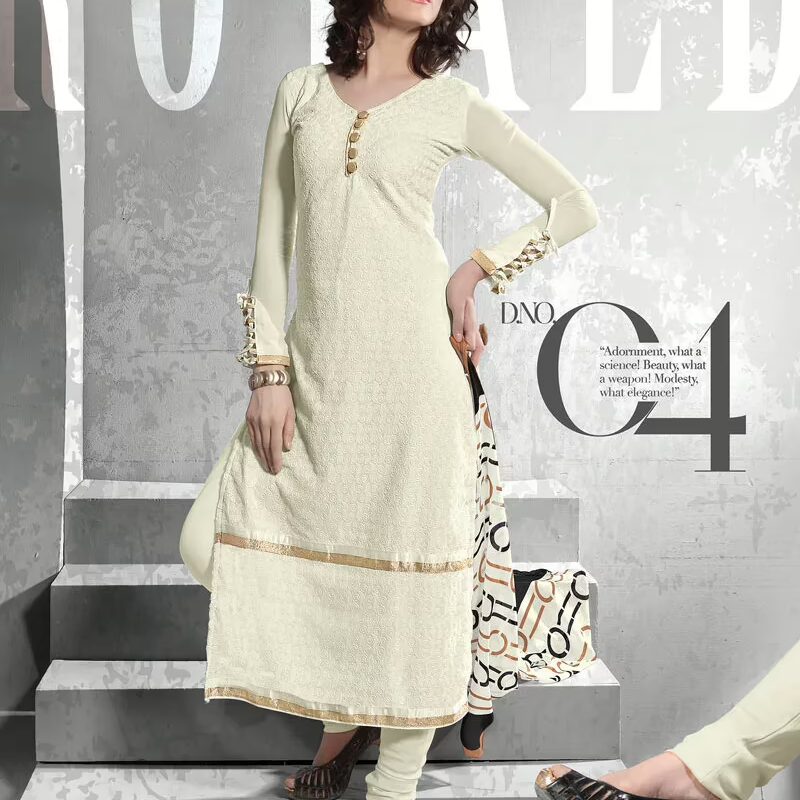 V&V Buy White Schiffli Work Dress Material