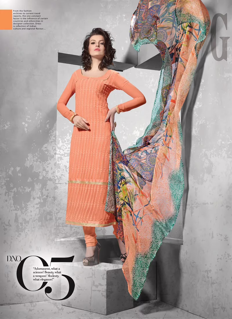 V&V Latest Schiffli Orange Dress Material