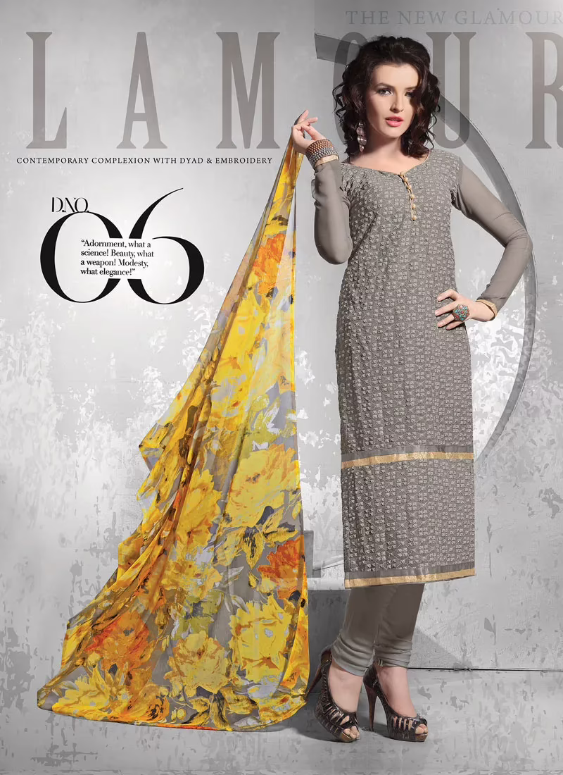 V&V Designer Gray Schiffli Work Dress Material
