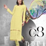 V&V Online Yellow Schiffli Work Dress Material