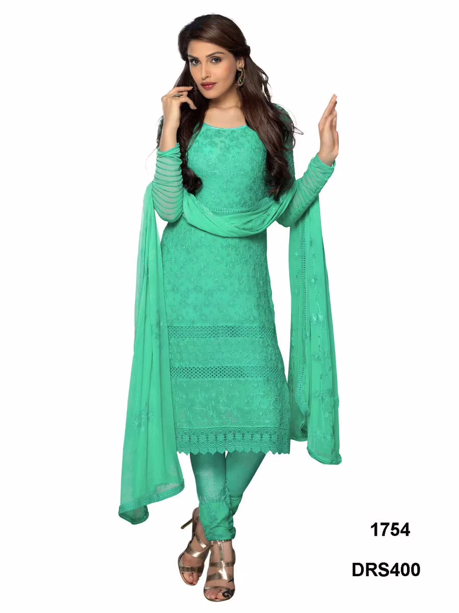 V&V Latest Pure Chiffon Green Color Embroidered Work Dress Material