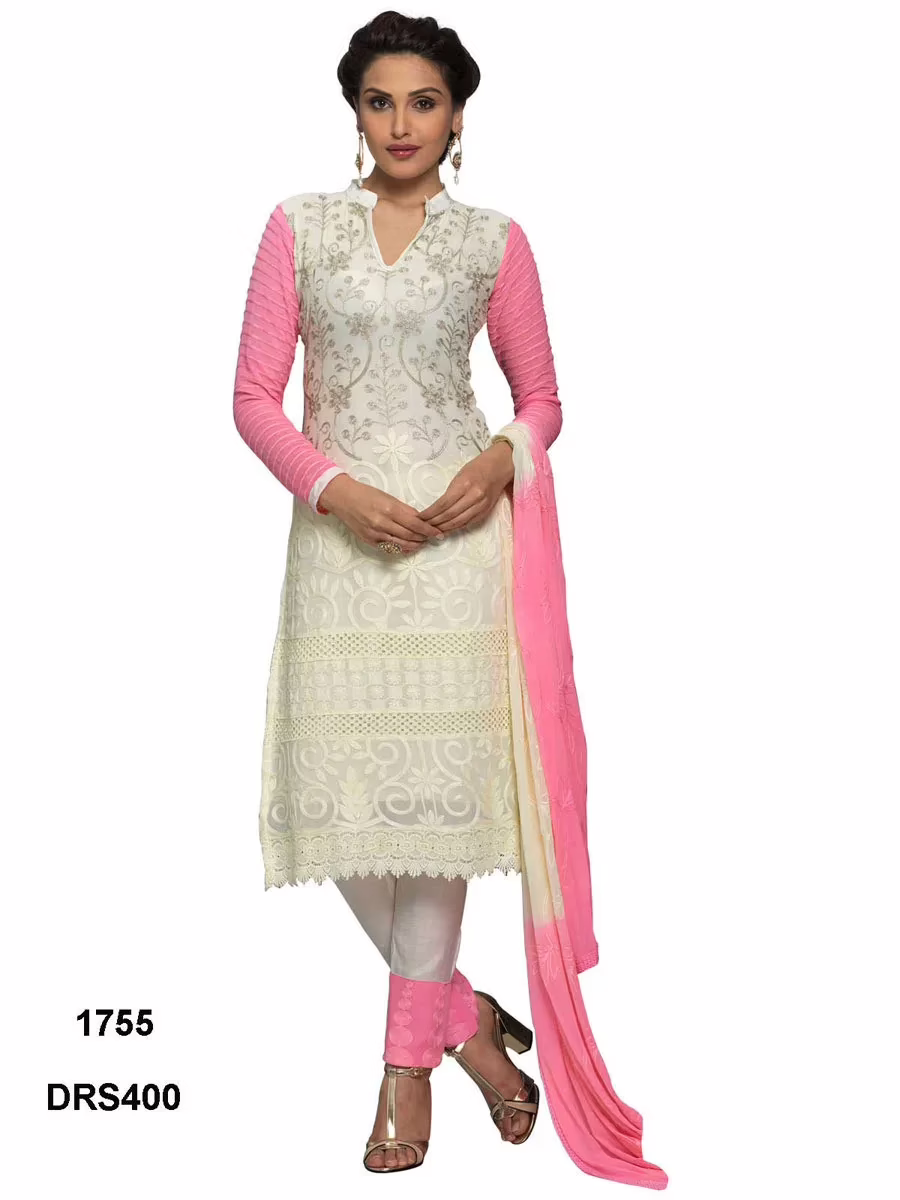 V&V Latest Pure Chiffon White & Pink Color Dress Material