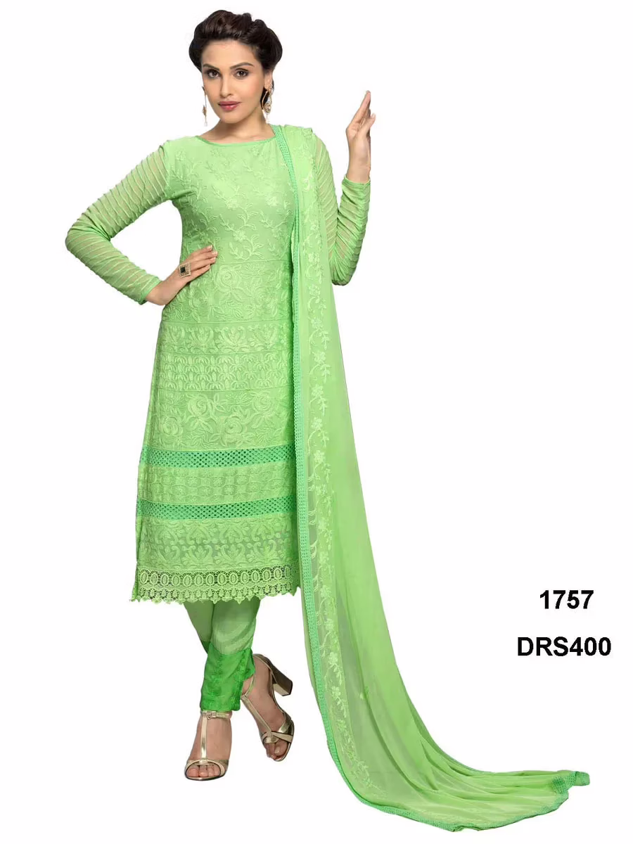 V&V Latest Pure Chiffon Parrot Green Color Dress Material