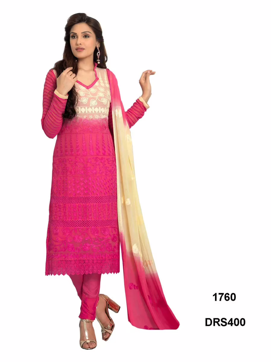 V&V Latest Pure Chiffon Pink & Cream Color Dress Material