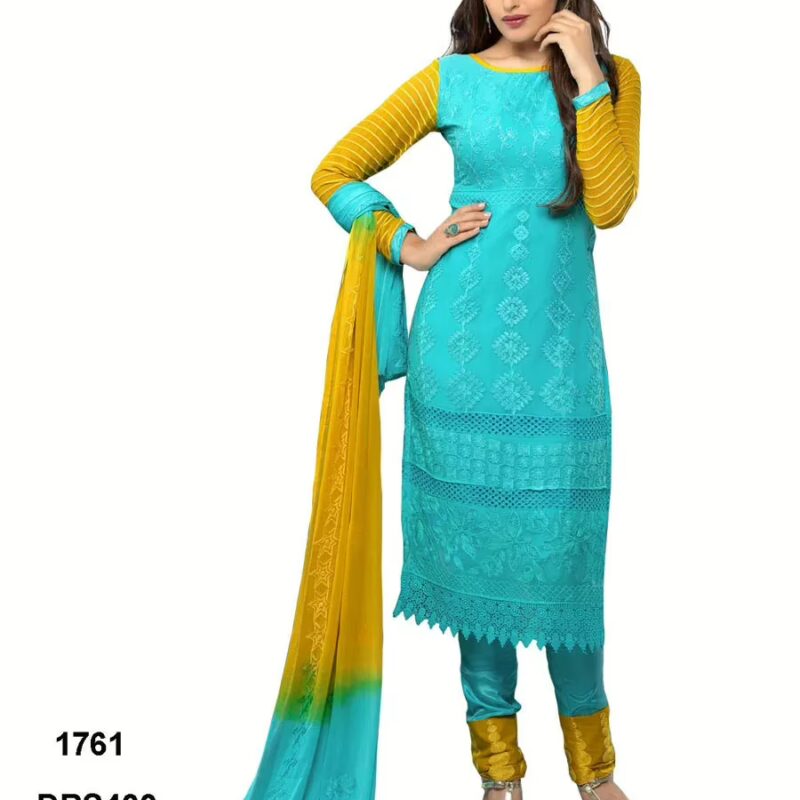 V&V Latest Pure Chiffon Blue & Yellow Color Dress Material