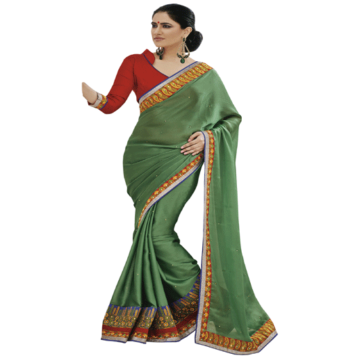 Green Colour Satin Chiffon Traditional Designer Occation Wear Saree With Matching Blouse Piece