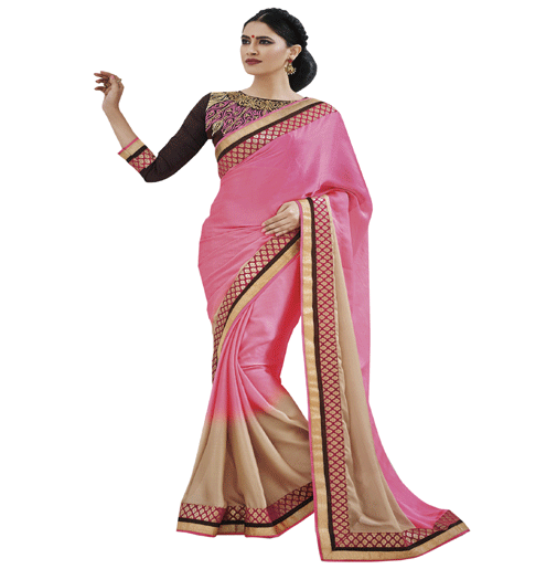 Pink Colour Satin Chiffon Traditional Designer Occation Wear Saree With Matching Blouse Piece
