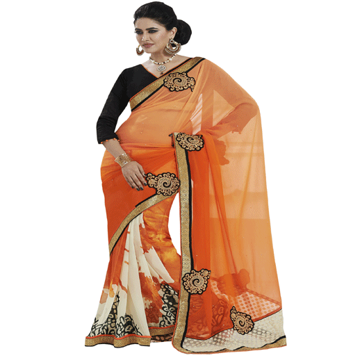 Orange Colour Chiffon Traditional Designer Occation Wear Saree With Matching Blouse Piece