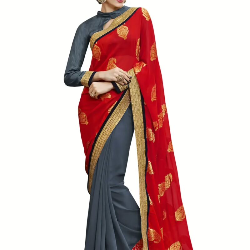 Red & Grey Traditional Designer Saree With Matching Blouse Piece
