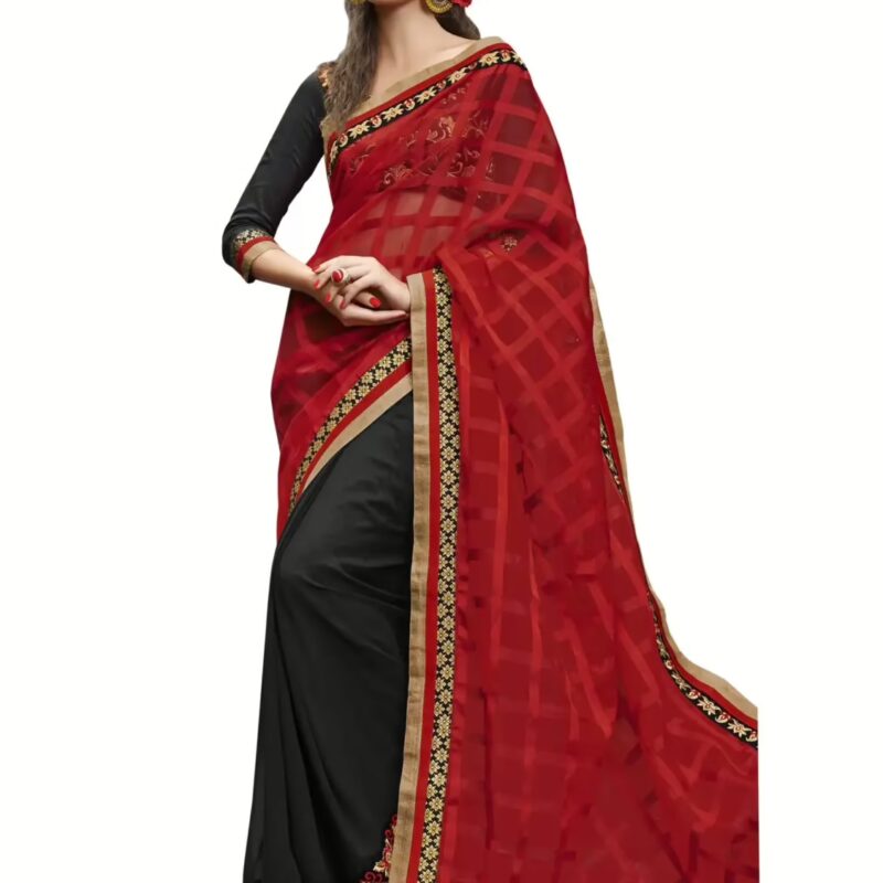 Red & Black Checks Traditional Designer Saree With Matching Blouse Piece