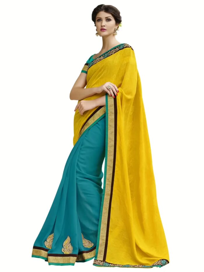 Yellow & Turquoise Traditional Designer Saree With Matching Blouse Piece
