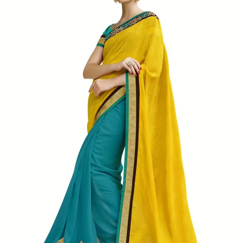 Yellow & Turquoise Traditional Designer Saree With Matching Blouse Piece