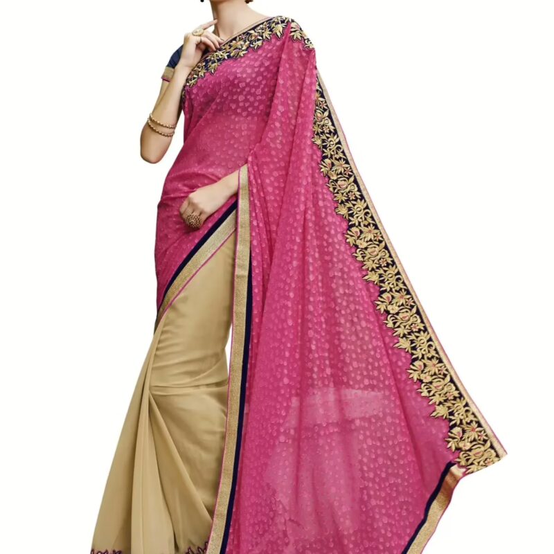 Pink & Beige Traditional Designer Saree With Matching Blouse Piece