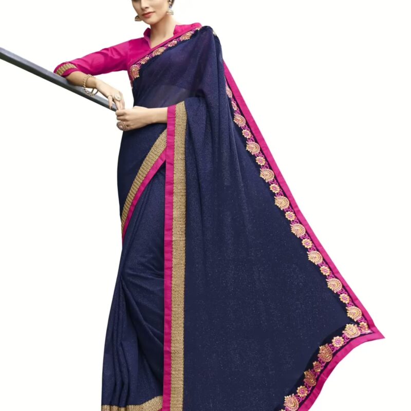 Navy Blue Traditional Designer Saree With Matching Blouse Piece