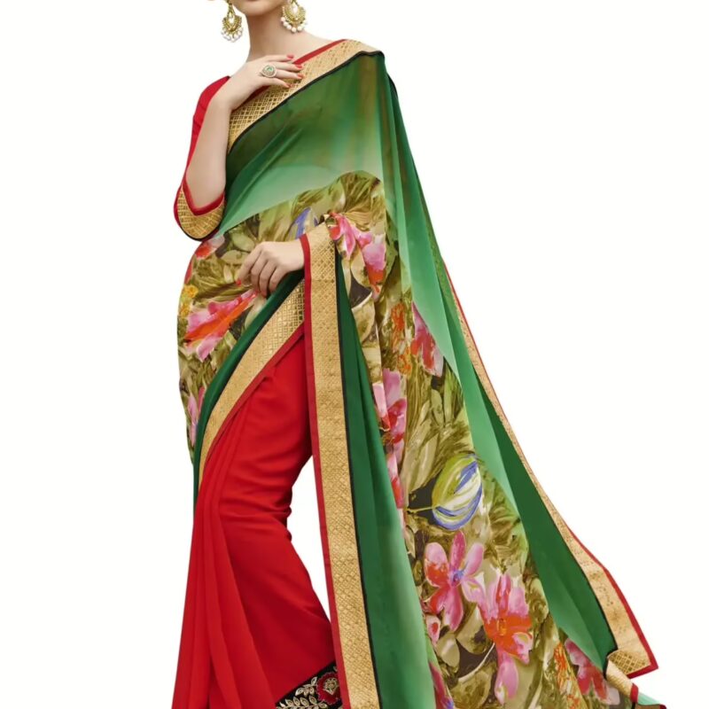 Green & Red Traditional Designer Saree With Matching Blouse Piece