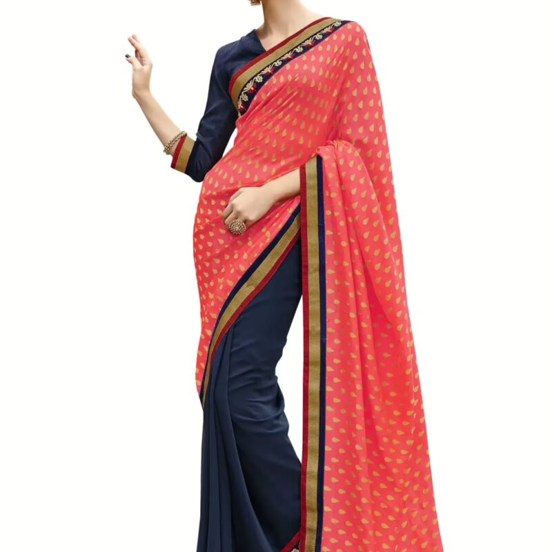 Pink & Navy Blue Traditional Designer Saree With Matching Blouse Piece