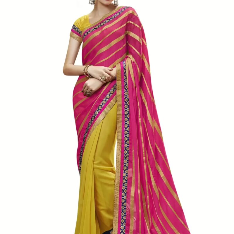 Pink & Yellow Traditional Designer Saree With Matching Blouse Piece