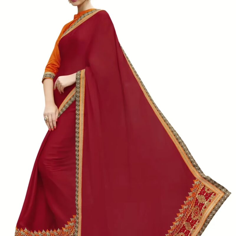 Red Satin Chiffon Traditional Designer Saree With Matching Blouse Piece