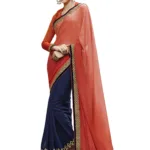 Orange & Navy Blue Satin Chiffon Traditional Designer Saree With Matching Blouse Piece