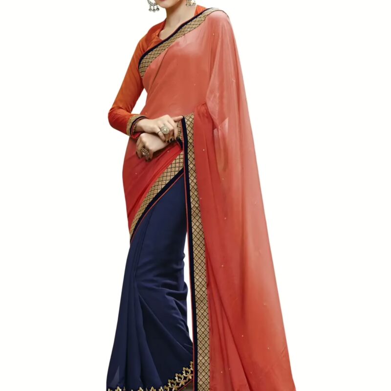 Orange & Navy Blue Satin Chiffon Traditional Designer Saree With Matching Blouse Piece