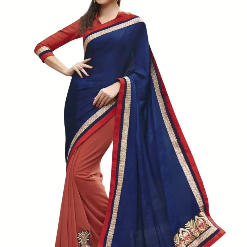 Navy Blue Traditional Designer Saree With Matching Blouse Piece