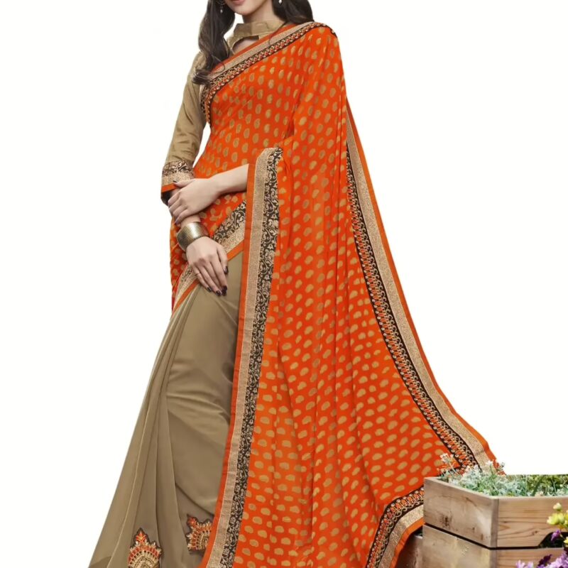 Orange & Beige Traditional Designer Saree With Matching Blouse Piece