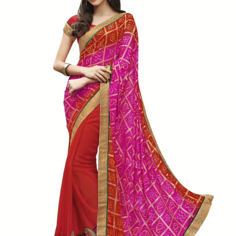 Pink & Red Traditional Designer Saree With Matching Blouse Piece