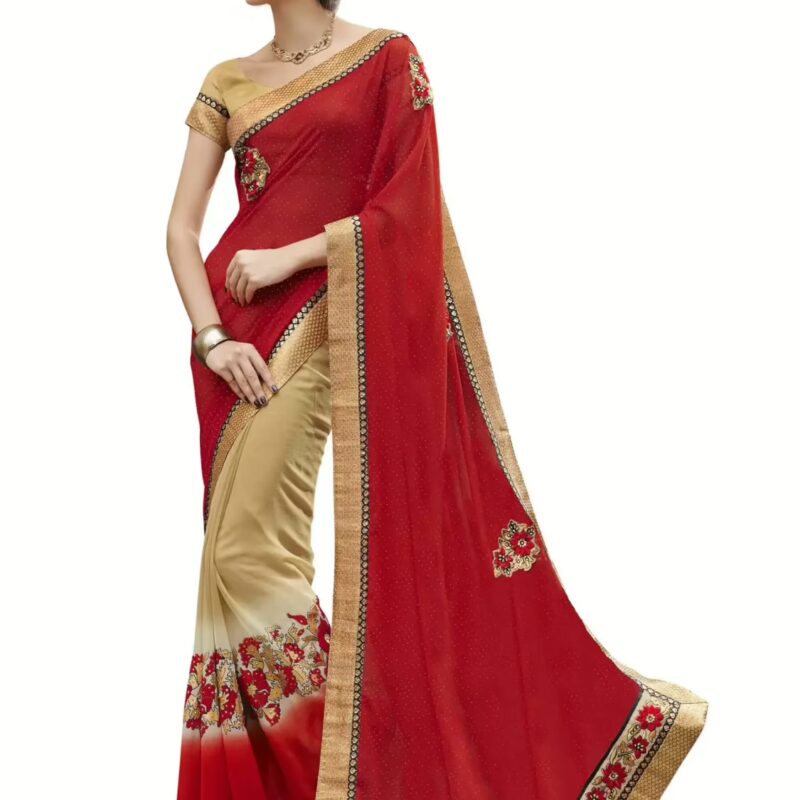 Red & Beige Traditional Designer Saree With Matching Blouse Piece