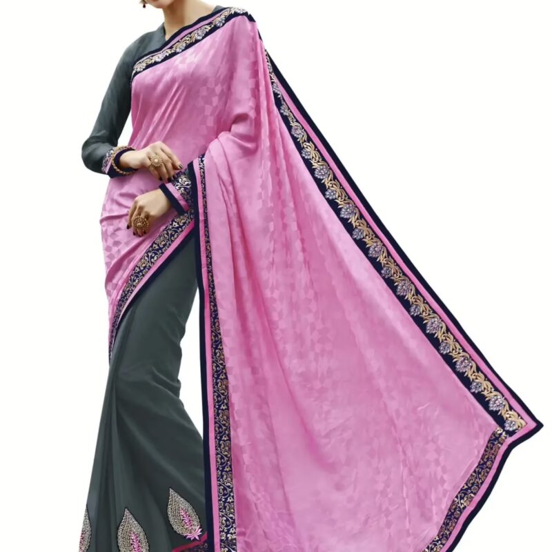 Pink & Grey Traditional Designer Saree With Matching Blouse Piece