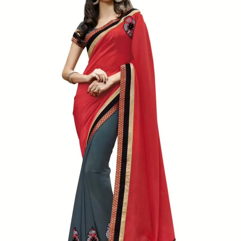 Red & Grey Traditional Designer Saree With Matching Blouse Piece