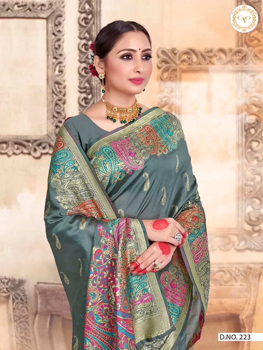 Kashmiri Silk Grey Women Woven Saree - Image 2