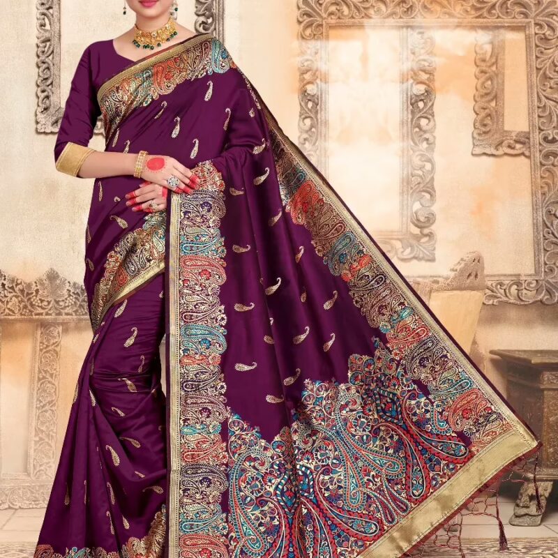 Kashmiri Silk Wine Women Woven Saree