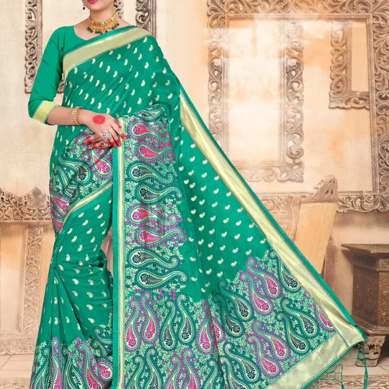 Kashmiri Silk Teal Green Women Woven Saree
