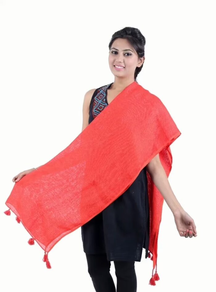 Red Solid Linen Stole with Tassel's for women