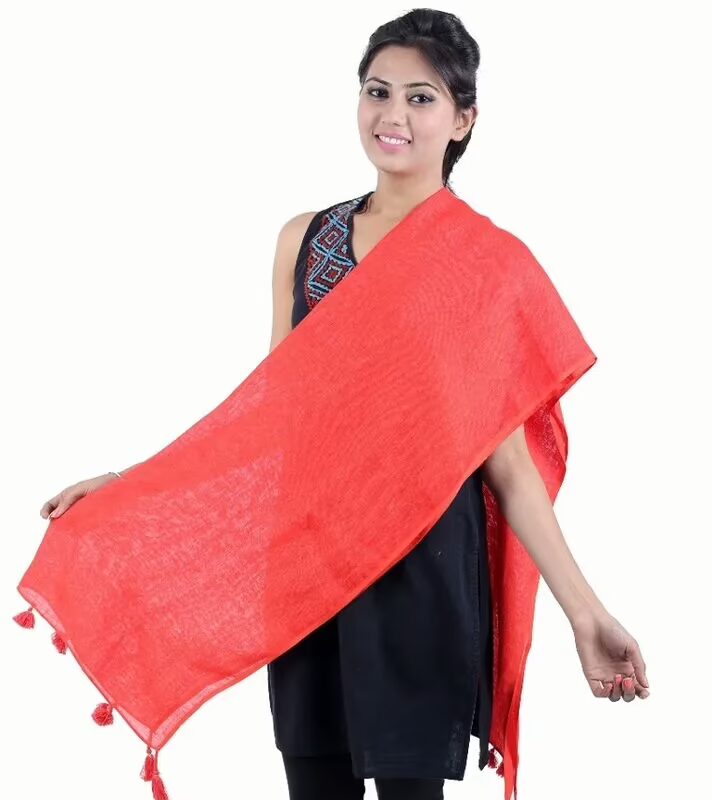 Red Solid Linen Stole with Tassel's for women
