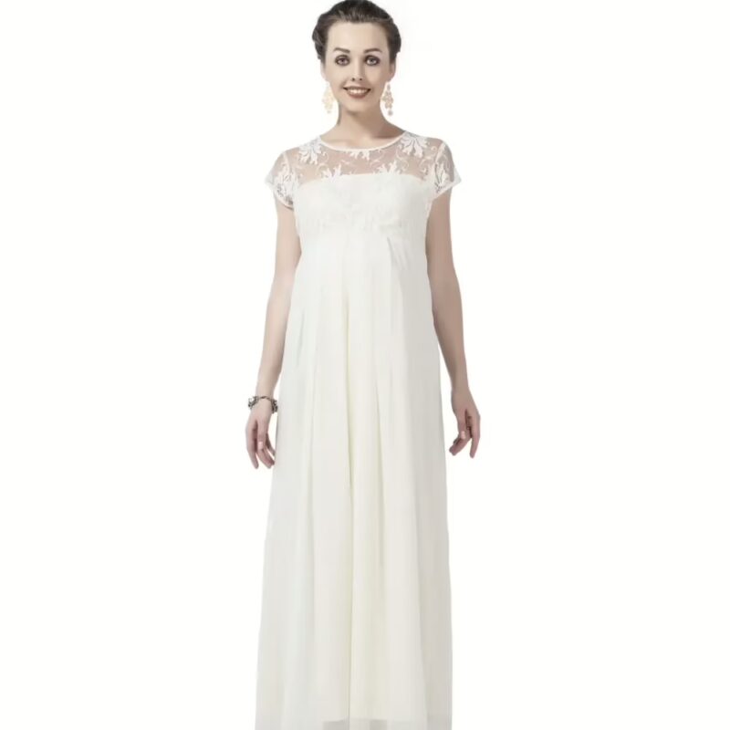 Radiation Safe- Comfortable Round Neck Cut Sleeves Floral Lace AndGeorgette Long Dress