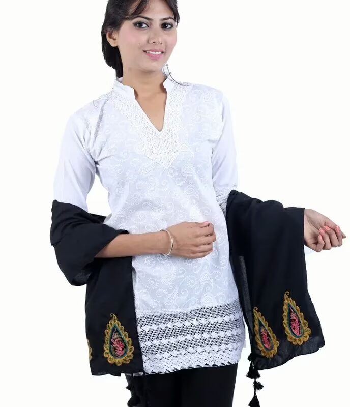 Regal Black Hina Pure Cotton Embroidered Stole for women