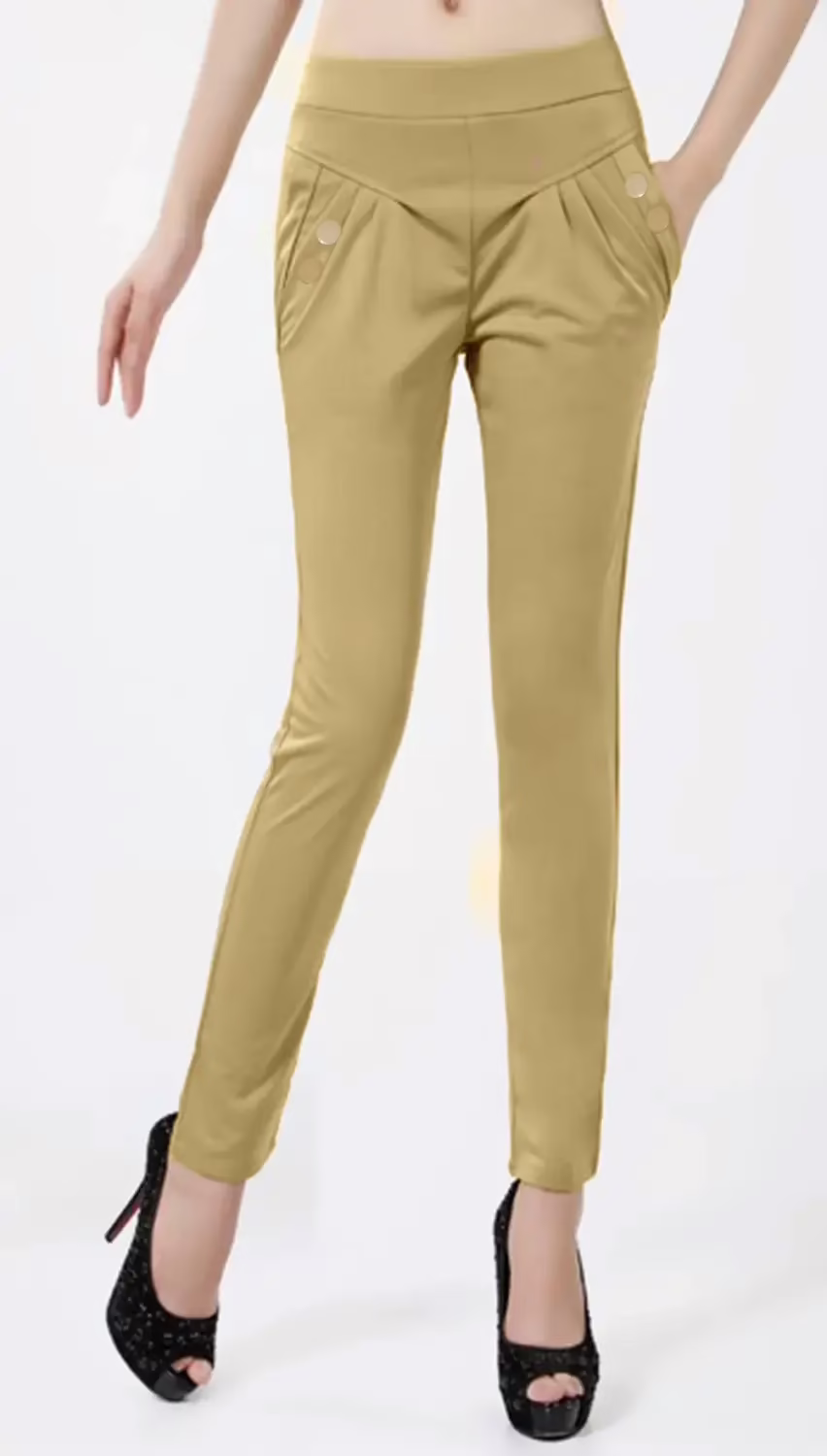 Khaki Side Pocket Buttoned Elastic Waist Jegging Size-30,32,34
