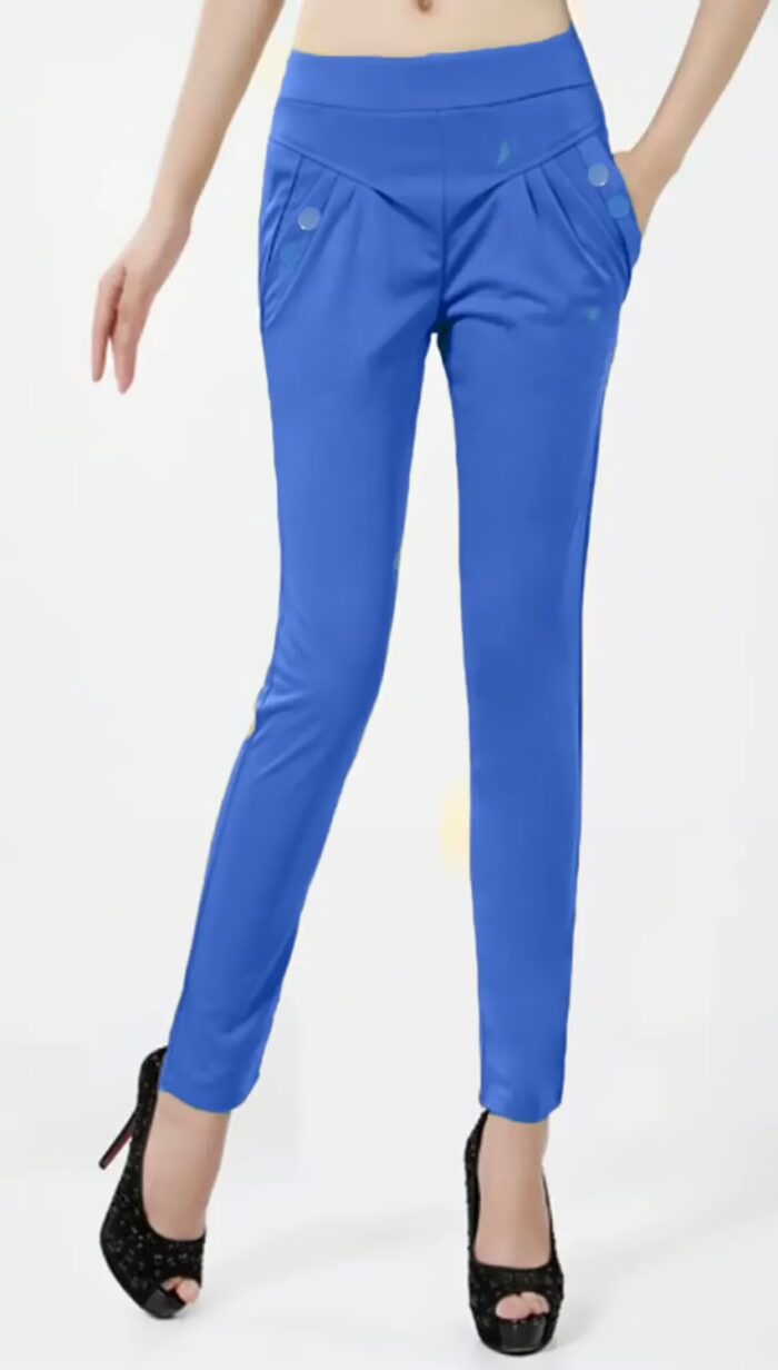 Blue Side Pocket Buttoned Elastic Waist Jegging Size-30,32,34-34