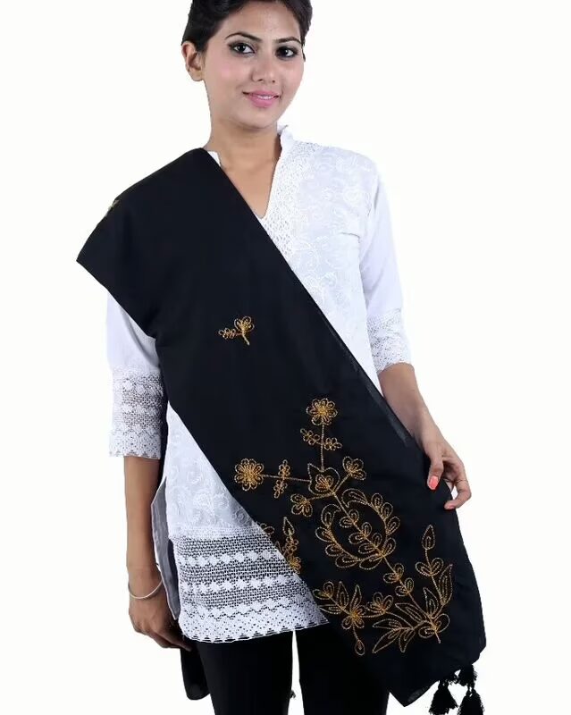 Black & Golden Leaf Pure Cotton Embroidered Stole for women