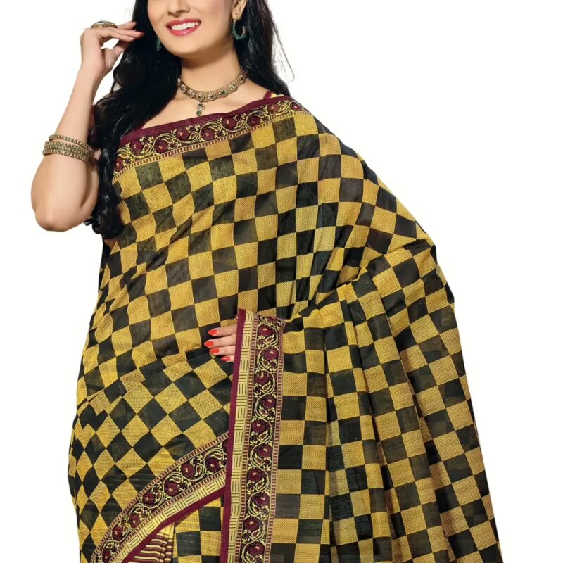 Cotton Bazaar Light Yellow & Black Cotton Printed Saree