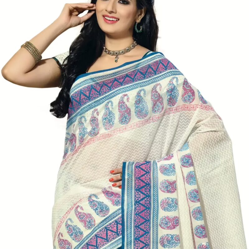 Cotton Bazaar White Cotton Printed Saree