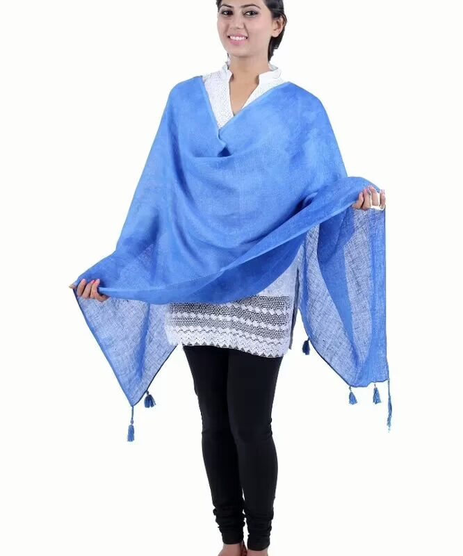 Sky Blue Solid Linen Stole with Tassel's for women