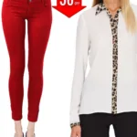 Red Jeans With Animal Print Collar panel & Cuff Chiffon White Shirt
