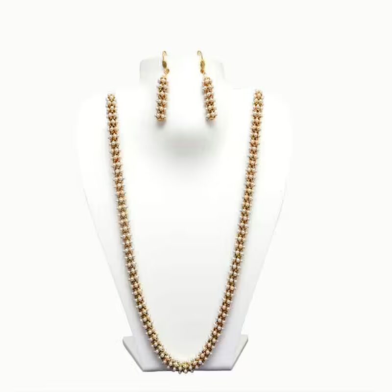 RK Gold & White Necklace Set With Ear Rings