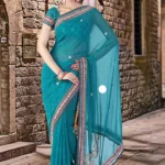 Pazaar Pine Green Embroidered Party Saree With Zari Thread