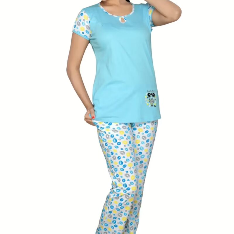 Town Girl-Sky Blue Colour Top Kiss Pattern Pyjama Night Suit
