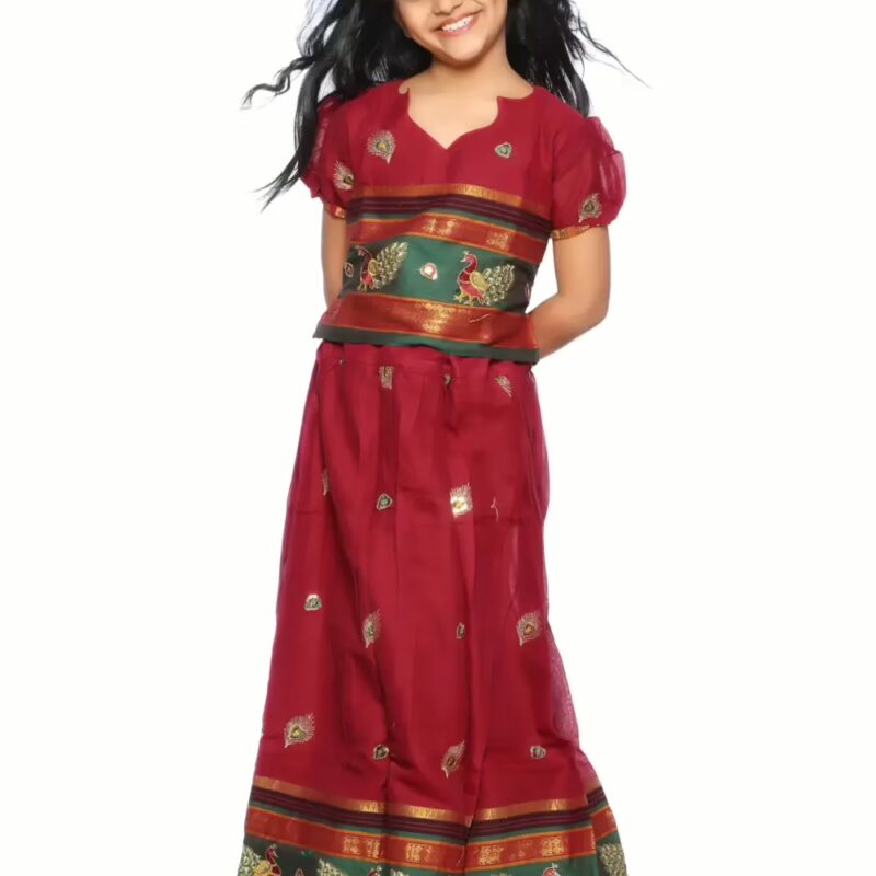 Bhartiya Paridhan -Art Silk Pre Stitched Embroidered Laced Red Saree(6month-9Years)