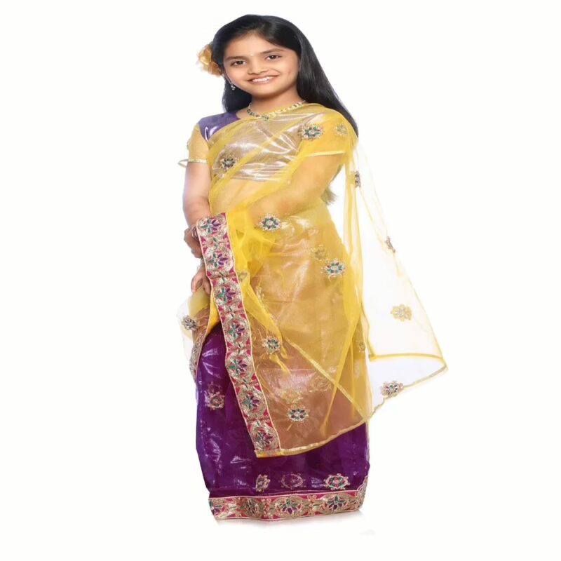 Bhartiya Paridhan -Net Pre Stitched Embroidered  Laced Magenta Yellow Saree(2-11 Years)